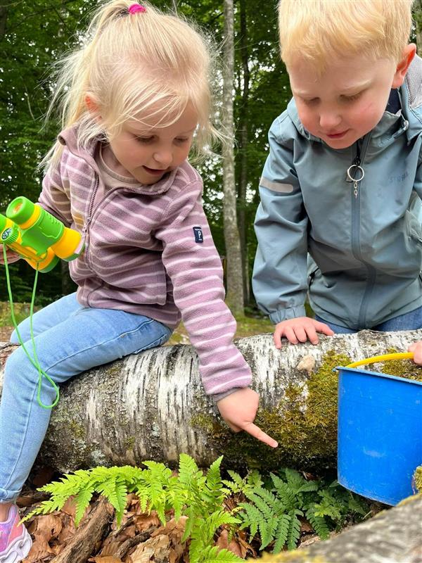Två barn undersöker mossa och natur på en björkstam i skogen. Flickan bär en gul-grön leksakskikare runt halsen och pekar nyfiket på stammen, medan pojken tittar intresserat bredvid. En blå hink syns i bakgrunden.